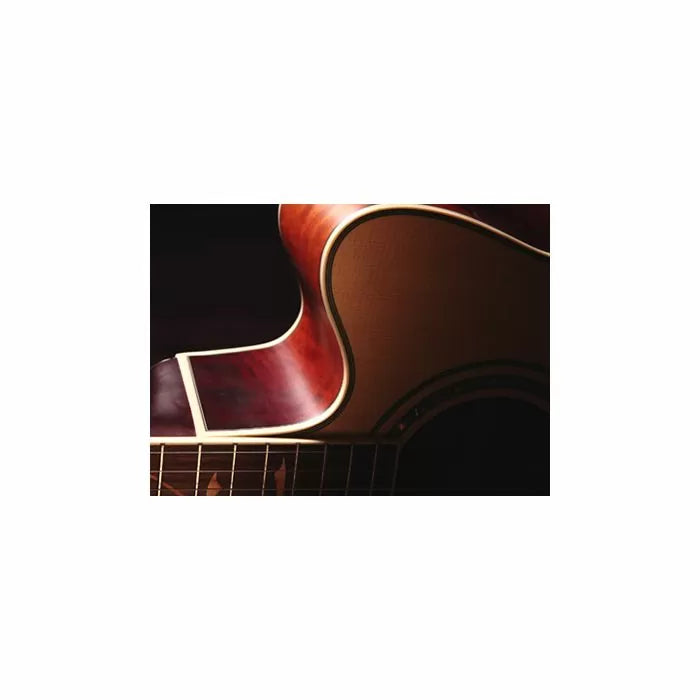 Close-up of acoustic guitar body showing wood grain, cutaway, and strings detail.