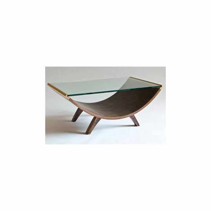 Modern woodworking coffee table with curved wooden base and rectangular glass top