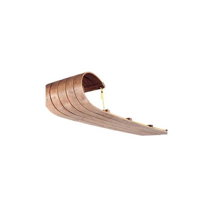 Curved wooden toboggan sled with yellow pull rope, isolated on white background