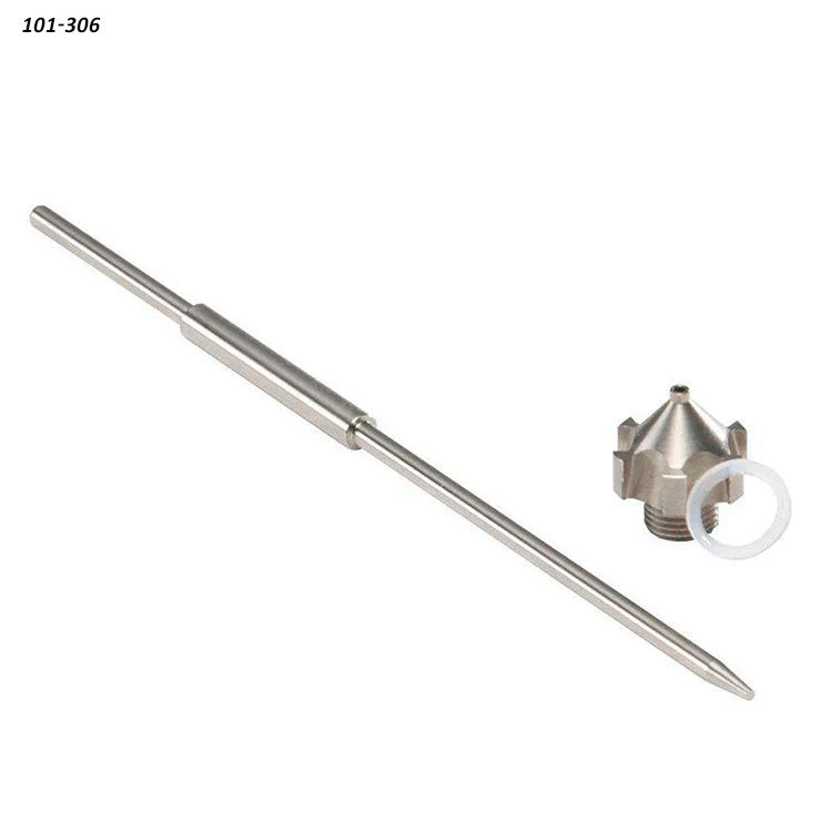 Woodworking tool set with precision metal rod, threaded nozzle, and washer, isolated on white