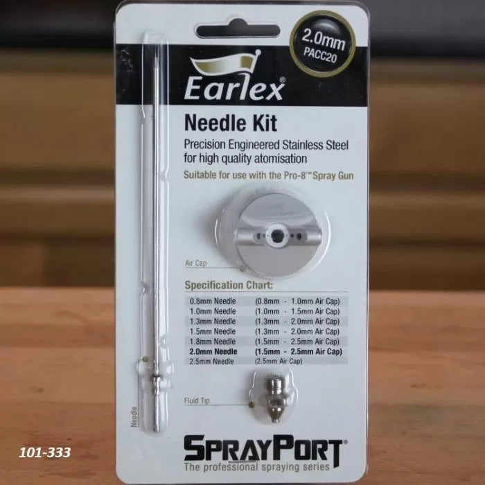 Earlex SprayPort 2.0mm needle kit for spray gun, including needle, air cap, and fluid tip.