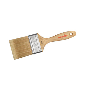Flat paintbrush with wood handle and synthetic bristles for woodworking and finishing