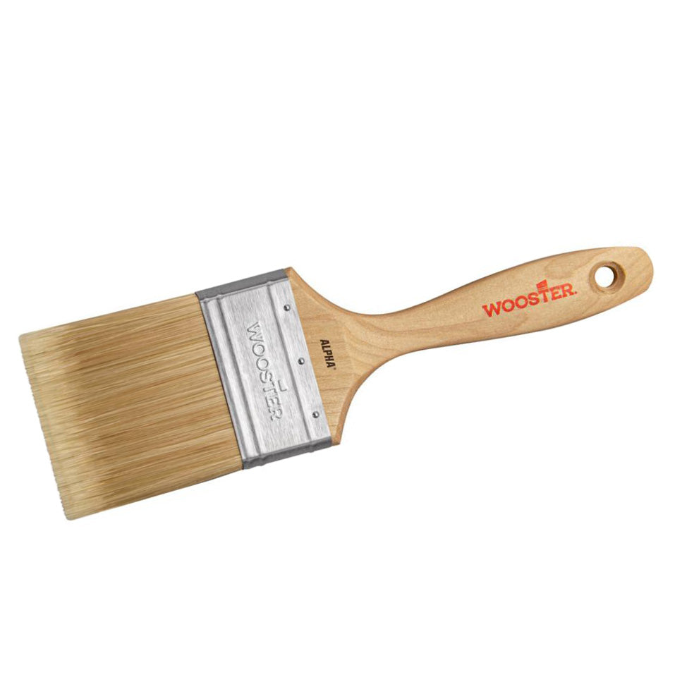 Flat paint brush with wooden handle and synthetic bristles for woodworking projects