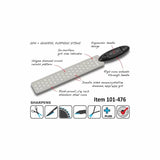 Double-sided diamond sharpening stone with ergonomic handle, grit indicator, and icons showing tool sharpening uses.