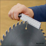 Hand sharpening circular saw blade with a diamond file tool for woodworking precision