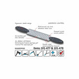 Double-sided diamond sharpening file with ergonomic handles, grit options, and tool icons.