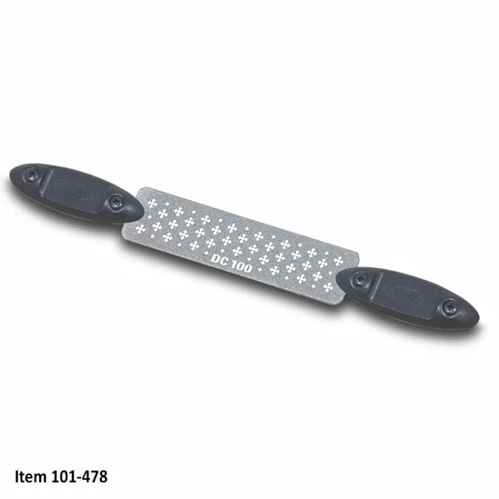 Rectangular diamond sharpening file with textured surface and black handles, labeled DC 100.