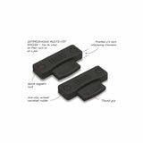Pair of black rubber sharpening tool accessories with interlocking design and labeled features