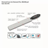 Diamond file with ergonomic handle, dual grit surfaces, and diamond cross pattern for sharpening tools