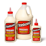 Titebond Original wood glue bottles and jug for woodworking projects on white background