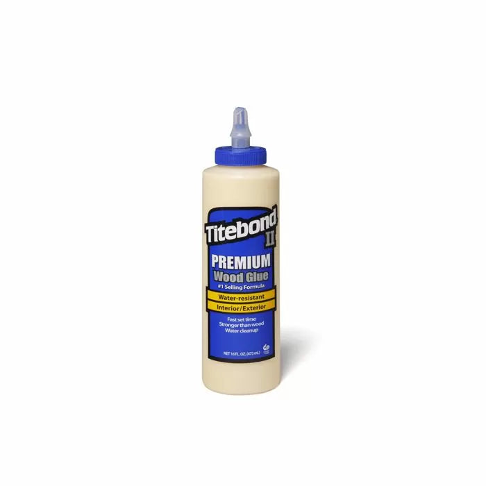 Bottle of Titebond II premium wood glue for woodworking, water-resistant adhesive