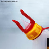 Close-up of glue bottle with yellow cap, red GluBot guide, and Yorker tip for woodworking.