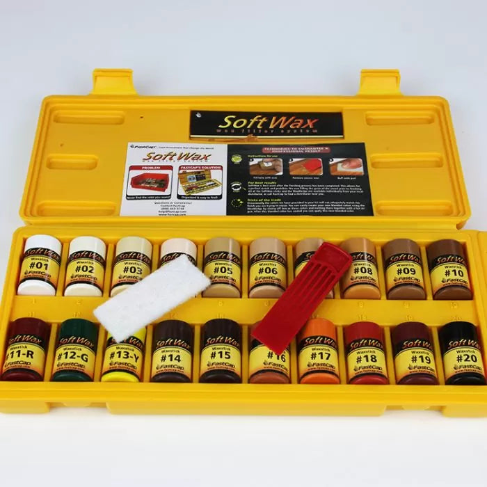 Wood touch-up soft wax kit in yellow case with multiple colored wax sticks and tools