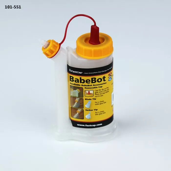 BabeBot glue applicator bottle with yellow cap and nozzle for woodworking projects
