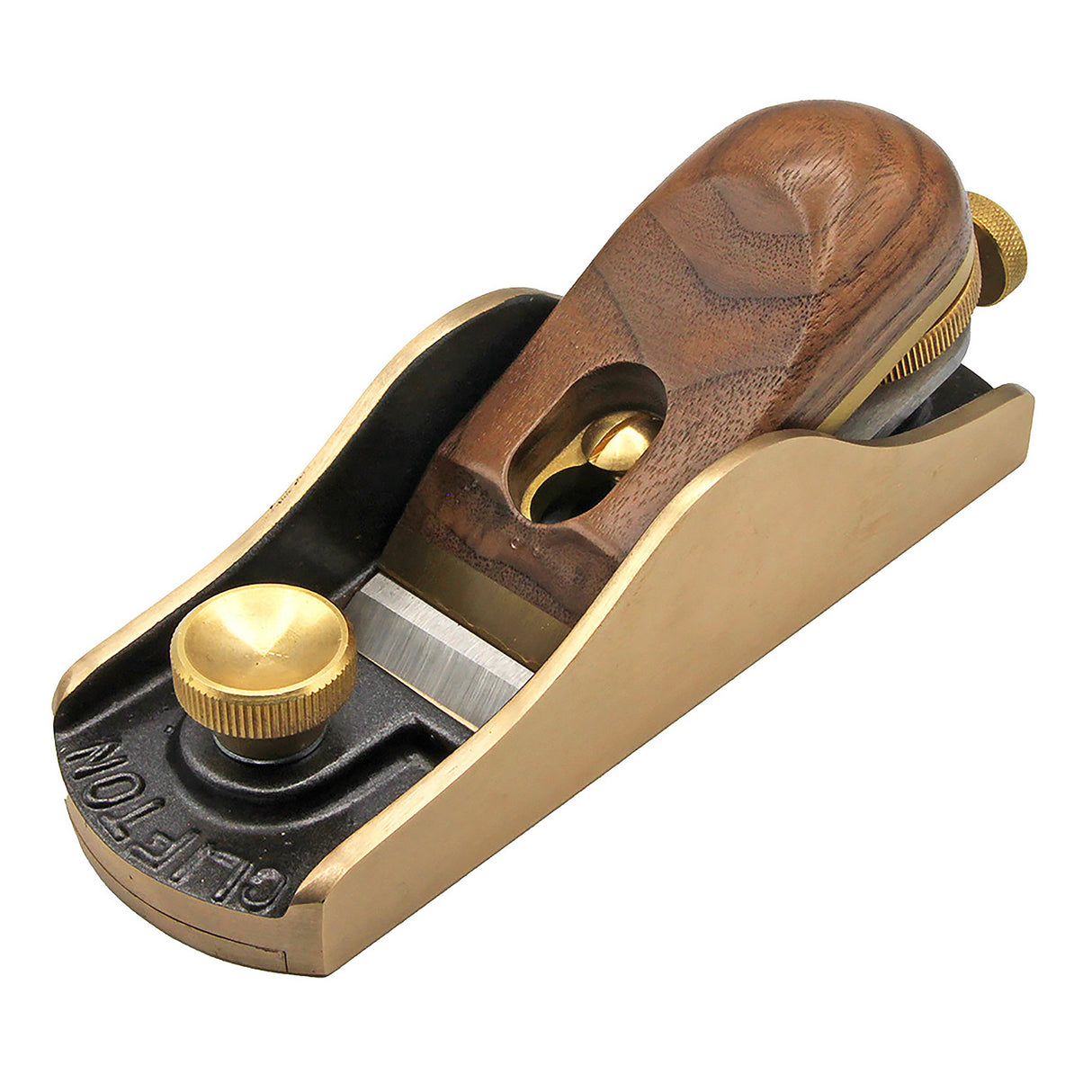 Brass and wood hand woodworking block plane with adjustment knobs on white background