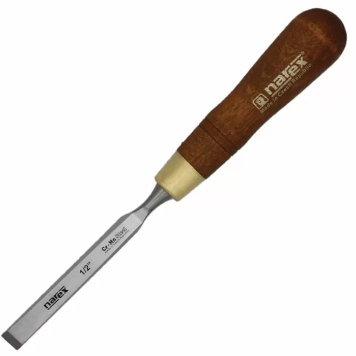 Wood chisel with beveled steel blade and wooden handle for precision woodworking