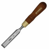 Wood chisel with sharp steel blade and varnished wooden handle for woodworking projects