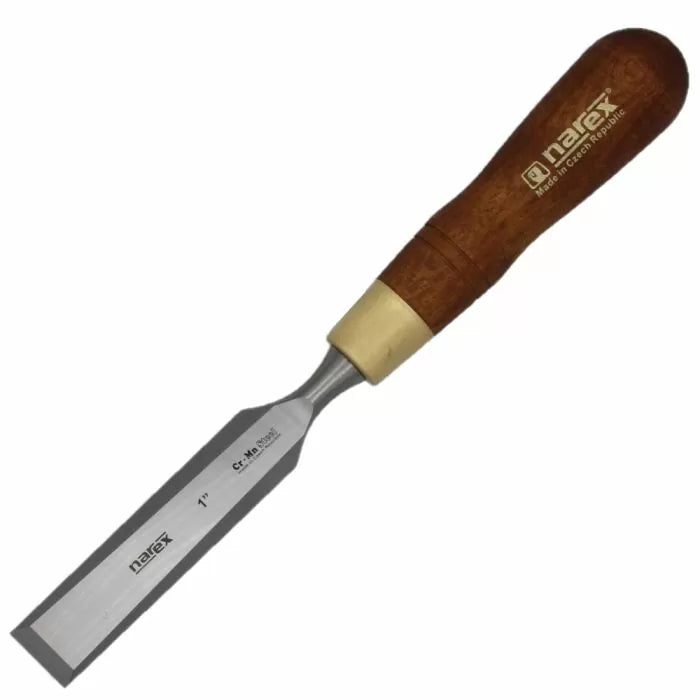 Woodworking chisel with wooden handle and sharp steel blade for precise carving tasks