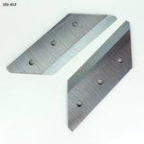 Pair of replacement planer blades with angled edges and mounting holes on white background
