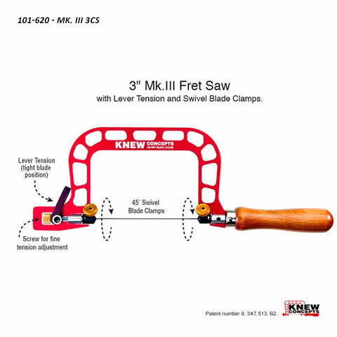 3-inch fret saw with red aluminum frame, wooden handle, and lever tension adjustment for woodworking.