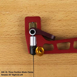 Red MK III blade clamp for woodworking, three-position, on wood surface