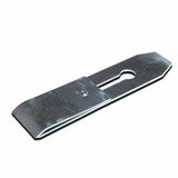 Steel woodworking plane blade with slot and beveled edge on white background