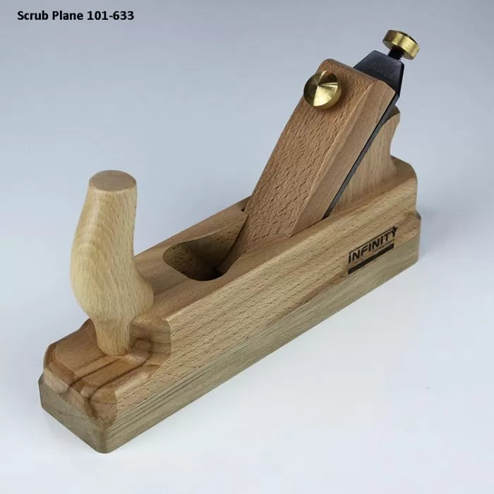 Wooden scrub plane for woodworking, beech handle and brass details, model 101-633