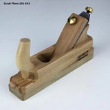 Wooden scrub plane with brass fittings for woodworking, labeled model 101-633