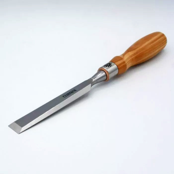 Woodworking chisel with sharp steel blade and wooden handle on white background