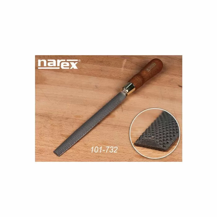 Woodworking rasp with wooden handle and close-up of fine teeth on a wood surface