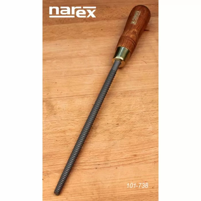 Round wood rasp with wooden handle for woodworking on a light wood surface.