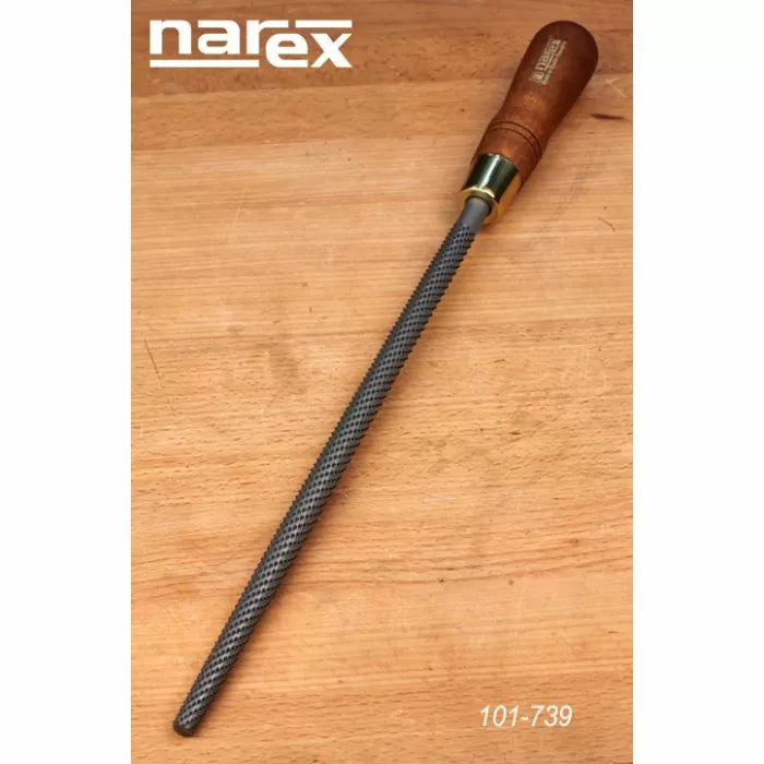 Round wood rasp file with wooden handle for woodworking on a light wood surface.