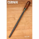 Round wood rasp file with wooden handle for woodworking on a light wood surface.