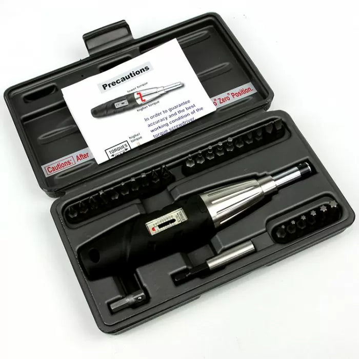 Precision torque screwdriver set with multiple bits and case, ideal for woodworking tools.