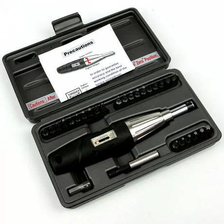 Precision torque screwdriver set with multiple bits and case, ideal for woodworking tools.