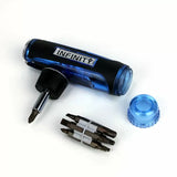 Ratchet screwdriver with interchangeable bits and blue storage cap for woodworking tools