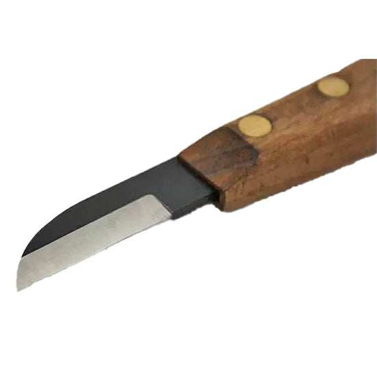 Detail knife with short curved steel blade and wooden handle for woodworking
