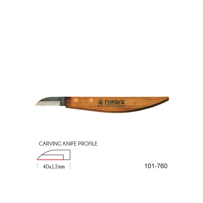 Wood carving knife with wooden handle, 40x12mm blade, and carving knife profile diagram