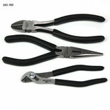 Set of three pliers with black handles, including diagonal, long nose, and adjustable pliers