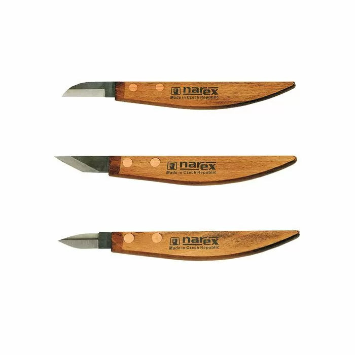 Set of three wood carving knives with wooden handles and steel blades on white background