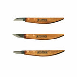 Set of three wood carving knives with wooden handles and steel blades on white background