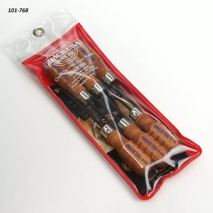 Set of four wood-handled screwdrivers in a clear red pouch on a white background