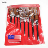 Set of six wood handle screwdrivers in clear packaging, handcrafted in USA, Grace USA branding visible.
