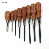 Set of eight woodworking screwdrivers with wooden handles and chrome ferrules on white background