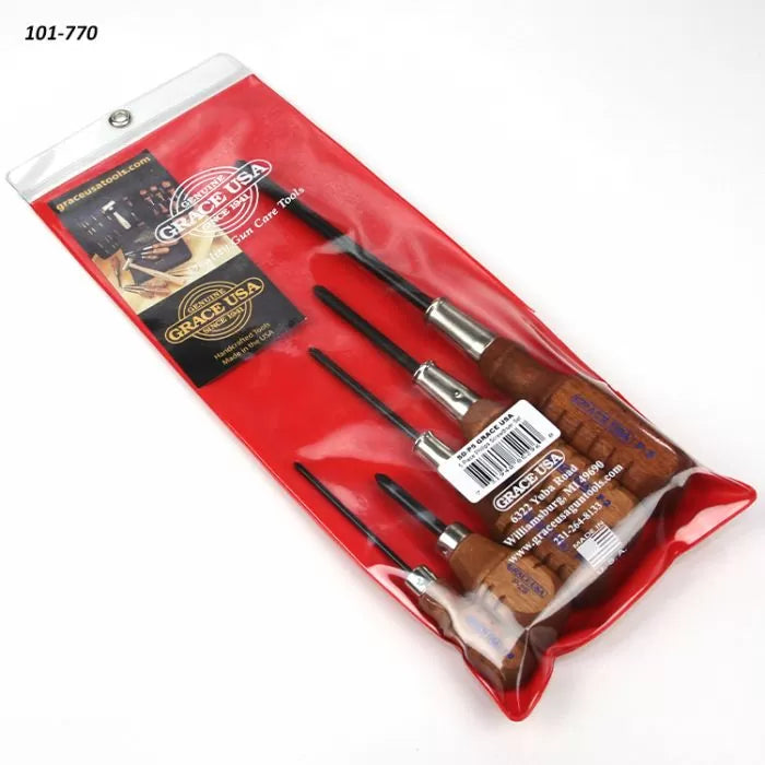 Wood handle screwdriver set in red pouch, precision hand tools for woodworking