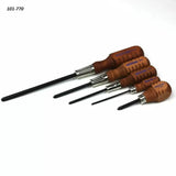 Set of four woodworking screwdrivers with wooden handles and black steel shafts on white background