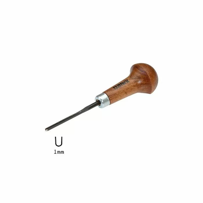 Wood carving chisel with wooden handle, U-gouge, 1mm size, for fine woodworking detail