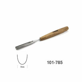 Woodworking gouge chisel with wooden handle, 8mm sweep, isolated on white background.