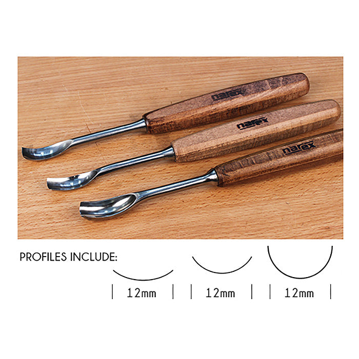 Three wood carving gouges with curved blades and wooden handles, 12mm profiles shown
