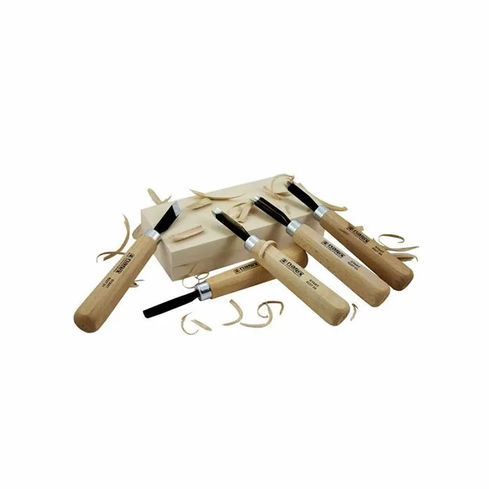 Wood carving chisel set with wooden handles and wood shavings on a white background